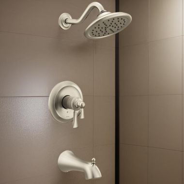 Click here to see Moen UT45503EPBN Moen Wynford Tub/Shower Faucet with Two-Handle Flow Control and Temperature Adjust Valve Trim, Lever Handles, M-Core 4, Thermostatic Cartridge, Brushed Nickel - UT45503EPBN
