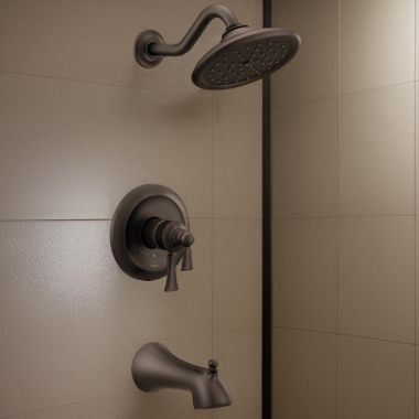 Click here to see Moen UT45503EPORB Moen Wynford Tub/Shower Faucet with Two-Handle Flow Control and Temperature Adjust Valve Trim, Lever Handles, M-Core 4, Thermostatic Cartridge, Oil Rubbed Bronze - UT45503EPORB