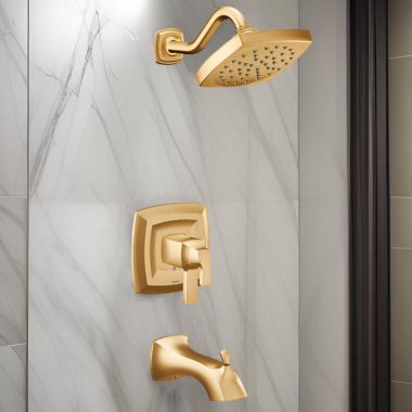 Click here to see Moen UT4693EPBG Moen Voss Tub/Shower Faucet with Two-Handle Flow Control and Temperature Adjust Valve Trim, Lever Handles, M-Core 4, Thermostatic Cartridge, Brushed Gold - UT4693EPBG