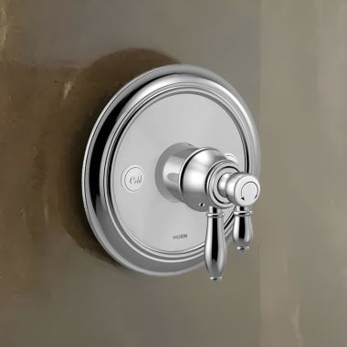 Click here to see Moen UTS43101 Moen Weymouth Two-Handle Valve Only Trim with Flow Control and Temperature Adjust, Lever Handle,  M-Core 4, Thermostatic Cartridge, Chrome - UTS43101