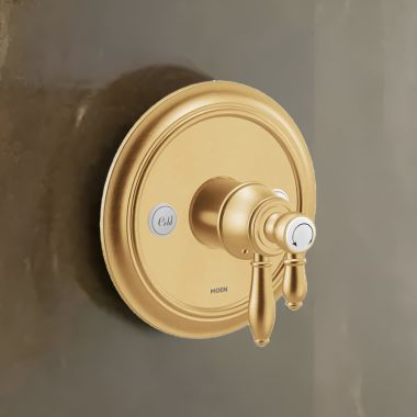 Click here to see Moen UTS43101BG Moen Weymouth Two-Handle Valve Only Trim with Flow Control and Temperature Adjust, Lever Handle,  M-Core 4, Thermostatic Cartridge, Brushed Gold - UTS43101BG