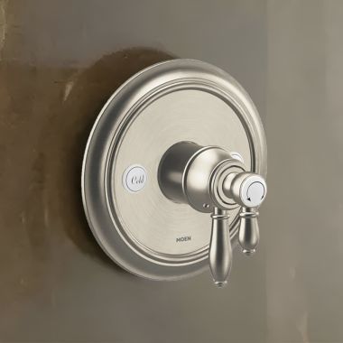 Click here to see Moen UTS43101BN Moen Weymouth Two-Handle Valve Only Trim with Flow Control and Temperature Adjust, Lever Handle,  M-Core 4, Thermostatic Cartridge, Brushed Nickel - UTS43101BN