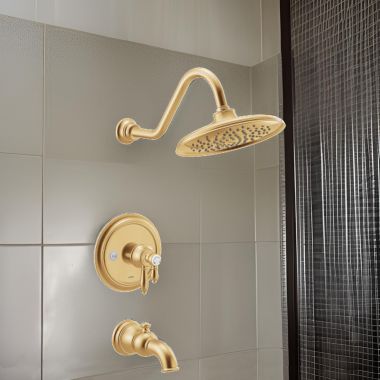 Click here to see Moen UTS43103EPBG Moen Weymouth Tub/Shower Faucet with Two-Handle Flow Control and Temperature Adjust Valve Trim, Lever Handles, M-Core 4, Thermostatic Cartridge, Brushed Gold - UTS43103EPBG
