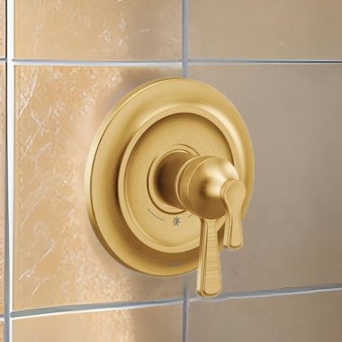 Click here to see Moen UTS444301BG Moen Colinet Two-Handle Valve Only Trim with Flow Control and Temperature Adjust, Lever Handle,  M-Core 4, Thermostatic Cartridge, Brushed Gold - UTS444301BG