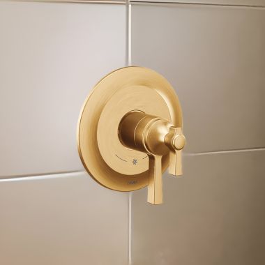 Click here to see Moen UTS4910BG Moen Flara Two-Handle Valve Only Trim with Flow Control and Temperature Adjust, Lever Handle,  M-Core 4, Thermostatic Cartridge, Brushed Gold - UTS4910BG