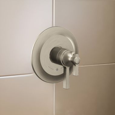 Click here to see Moen UTS4910BN Moen Flara Two-Handle Valve Only Trim with Flow Control and Temperature Adjust, Lever Handle,  M-Core 4, Thermostatic Cartridge, Brushed Nickel - UTS4910BN