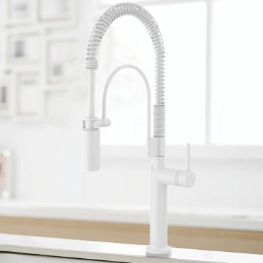 Click here to see Brizo 63375LF-MWLHP Brizo Odin Semi-Professional Kitchen Faucet, Less Handle, MagneDock, DIAMOND Seal, 1.8 GPM, Matte White - 63375LF-MWLHP