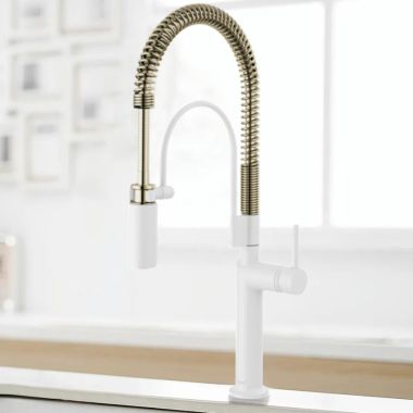 Click here to see Brizo 63375LF-MWPNLHP Brizo Odin Semi-Professional Kitchen Faucet, Less Handle, MagneDock, DIAMOND Seal, 1.8 GPM, Matte White/Brilliance Polished Nickel - 63375LF-MWPNLHP