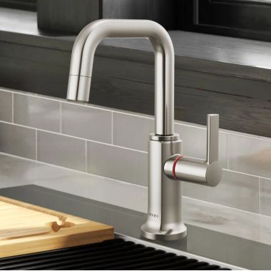 Click here to see Brizo 61307LF-H-SS-L Brizo Kintsu Single-Handle Instant Hot Faucet with Square Spout, Self Closing Handle, 1.0 GPM, Lumicoat Stainless - 61307LF-H-SS-L