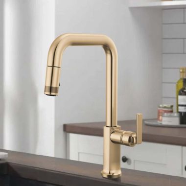 Click here to see  63007LF-GLLHP-L Brizo Kintsu Single-Handle Pull-Down Kitchen Faucet w/ Square Spout, Less Handle, 1.8 GPM, Lumicoat Luxe Gold - 63007LF-GLLHP-L