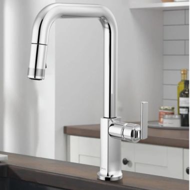 Click here to see Brizo 63007LF-PCLHP-L Brizo Kintsu Single-Handle Pull-Down Kitchen Faucet w/ Square Spout, DIAMOND Seal, MagneDock, Less Handle, 1.8 GPM, Lumicoat Polished Chrome - 63007LF-PCLHP-L