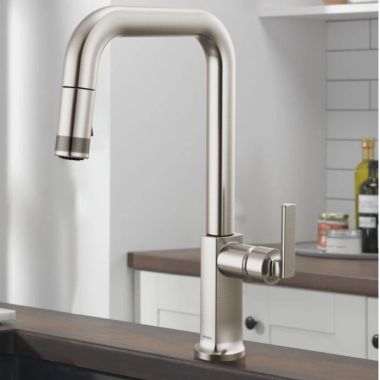 Click here to see Brizo 63007LF-SSLHP-L Brizo Kintsu Single-Handle Pull-Down Kitchen Faucet w/ Square Spout, Less Handle, 1.8 GPM, Lumicoat Stainless - 63007LF-SSLHP-L