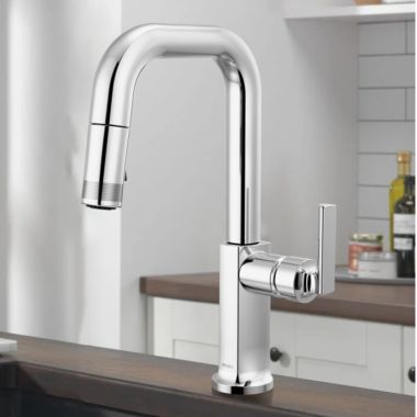 Click here to see Brizo 63907LF-PCLHP-L Brizo Kintsu Single-Handle Pull-Down Prep Faucet w/ Square Spout, Less Handle, 1.8 GPM, Lumicoat Polished Chrome - 63907LF-PCLHP-L