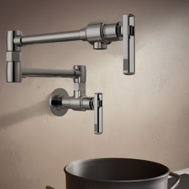Click here to see Brizo 62807LF-BNX-L Brizo Kintsu Two-Handle Pot Filler with Knob Handles, Wall Mount, Brass, 4 GPM, Lumicoat Black Onyx - 62807LF-BNX-L