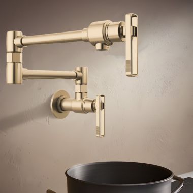 Click here to see Brizo 62807LF-GL-L Brizo Kintsu Two-Handle Pot Filler with Knob Handles, Wall Mount, Brass, 4 GPM, Lumicoat Luxe Gold - 62807LF-GL-L
