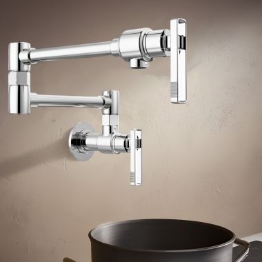 Click here to see Brizo 62807LF-PC-L Brizo Kintsu Two-Handle Pot Filler with Knob Handles, Wall Mount, Brass, 4 GPM, Lumicoat Polished Chrome - 62807LF-PC-L