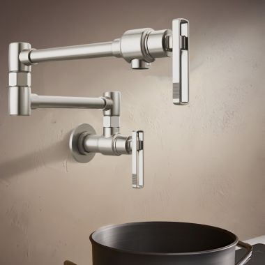 Click here to see Brizo 62807LF-SS-L Brizo Kintsu Two-Handle Pot Filler with Knob Handles, Wall Mount, Brass, 4 GPM, Lumicoat Stainless - 62807LF-SS-L