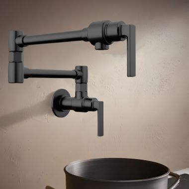 Click here to see Brizo 62806LF-BL Brizo Kintsu Two-Handle Pot Filler with Lever Handles, Wall Mount, Brass, 4 GPM, Matte Black - 62806LF-BL