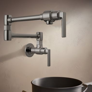 Click here to see Brizo 62806LF-BNX-L Brizo Kintsu Two-Handle Pot Filler with Lever Handles, Wall Mount, Brass, 4 GPM, Lumicoat Black Onyx - 62806LF-BNX-L