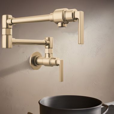 Click here to see Brizo 62806LF-GL-L Brizo Kintsu Two-Handle Pot Filler with Lever Handles, Wall Mount, Brass, 4 GPM, Lumicoat Luxe Gold - 62806LF-GL-L