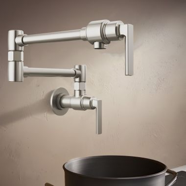 Click here to see Brizo 62806LF-SS-L Brizo Kintsu Two-Handle Pot Filler with Lever Handles, Wall Mount, Brass, 4 GPM, Lumicoat Stainless Steel - 62806LF-SS-L