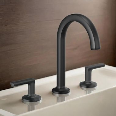 Click here to see Brizo 65306LF-BLLHP-ECO Brizo Kintsu Two-Handle Widespread Lavatory Faucet with Arc Spout, Less Handles, Deck Mount, 1.2 GPM, Matte Black - 65306LF-BLLHP-ECO