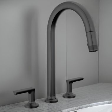 Click here to see Brizo 62506LF-BLLHP Brizo Kintsu Two-Handle Widespread Pull-Down Kitchen Faucet w/ Arc Spout, MagneDock, Less Handles, 1.8 GPM, Matte Black - 62506LF-BLLHP