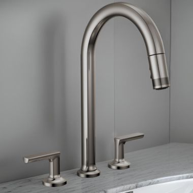 Click here to see Brizo 62506LF-BNXLHP-L Brizo Kintsu Two-Handle Widespread Pull-Down Kitchen Faucet w/ Arc Spout, MagneDock, Less Handles, 1.8 GPM, Lumicoat Black Onyx - 62506LF-BNXLHP-L