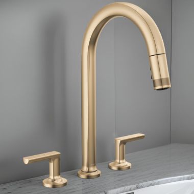 Click here to see Brizo 62506LF-GLLHP-L Brizo Kintsu Two-Handle Widespread Pull-Down Kitchen Faucet w/ Arc Spout, MagneDock, Less Handles, 1.8 GPM, Lumicoat Luxe Gold - 62506LF-GLLHP-L