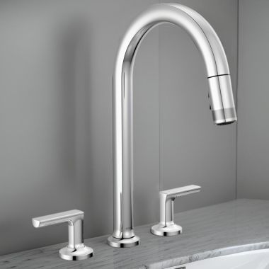 Click here to see Brizo 62506LF-PCLHP-L Brizo Kintsu Two-Handle Widespread Pull-Down Kitchen Faucet w/ Arc Spout, MagneDock, Less Handles, 1.8 GPM, Lumicoat Polished Chrome - 62506LF-PCLHP-L
