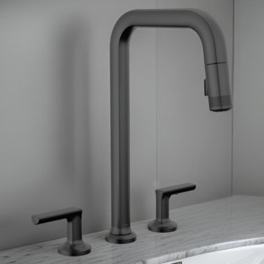 Click here to see Brizo 62507LF-BLLHP Brizo Kintsu Two-Handle Widespread Pull-Down Kitchen Faucet w/ Square Spout, MagneDock, Less Handles, 1.8 GPM, Matte Black - 62507LF-BLLHP