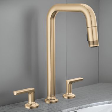 Click here to see Brizo 62507LF-GLLHP-L Brizo Kintsu Two-Handle Widespread Pull-Down Kitchen Faucet w/ Square Spout, MagneDock, Less Handles, 1.8 GPM, Lumicoat Luxe Gold - 62507LF-GLLHP-L