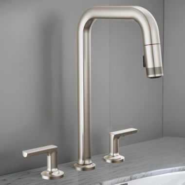 Click here to see Brizo 62507LF-SSLHP-L Brizo Kintsu Two-Handle Widespread Pull-Down Kitchen Faucet w/ Square Spout, MagneDock, Less Handles, 1.8 GPM, Lumicoat Stainless - 62507LF-SSLHP-L