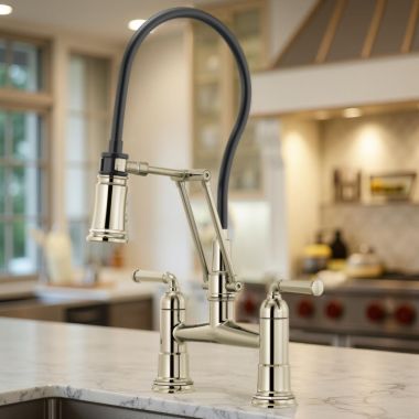 Click here to see Brizo 62274LF-PN Brizo Rook Two-Handle Widespread Articulating Bridge Kitchen Sink Faucet, 1.8 GPM, Brilliance Polished Nickel - 62274LF-PN