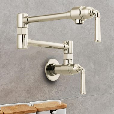 Click here to see Brizo 62874LF-PN Brizo Rook Two-Handle Wall-Mount Pot Filler with Dual-Jointed Swing Spout, 4 GPM, Brilliance Polished Nickel - 62874LF-PN