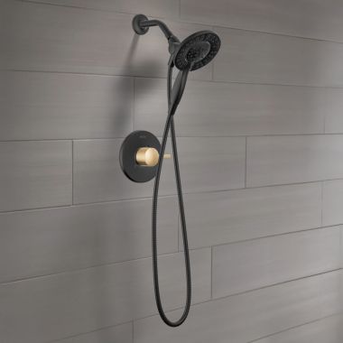 Click here to see Delta T142855-GZ-I Delta Albion Monitor 14 Series Shower Only Trim with In2ition Hand Shower, TouchClean, ADA, Matte Black/Champagne Bronze - T142855-GZ-I