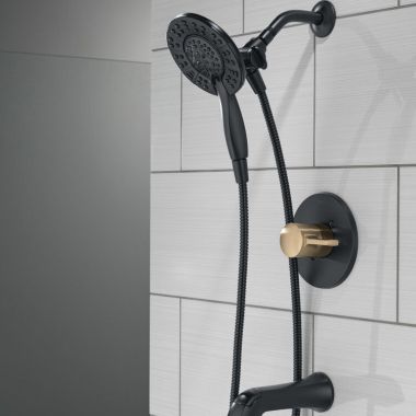 Click here to see Delta T144855-GZ-I Delta Albion Monitor 14 Series Tub and Shower Trim with In2ition Hand Shower, TouchClean, ADA, Matte Black/Champagne Bronze - T144855-GZ-I