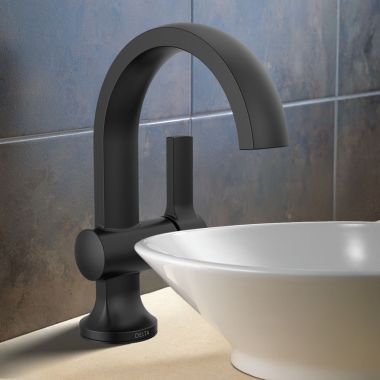 Click here to see Delta 15855LF-BL Delta Albion Single Handle Bathroom Faucet, Pop-up with Over Flow, ADA, 1.2 GPM, Matte Black - 15855LF-BL