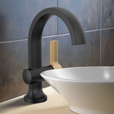 Click here to see Delta 15855LF-GZ Delta Albion Single Handle Bathroom Faucet, Pop-up with Over Flow, ADA, 1.2 GPM, Matte Black/Champagne Bronze - 15855LF-GZ