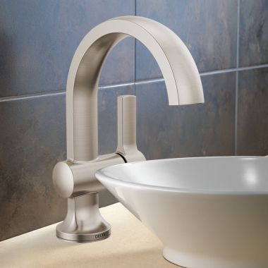 Click here to see Delta 15855LF-SP Delta Albion Single Handle Bathroom Faucet, Pop-up with Over Flow, ADA, 1.2 GPM, Spotshield Brushed Nickel - 15855LF-SP