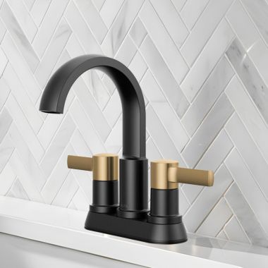 Click here to see Delta 25855LF-GZ Delta Albion Two Handle Centerset Bathroom Faucet, ADA, 1.2 GPM, WaterSense, Matte Black/Champagne Bronze - 25855LF-GZ