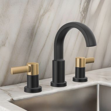 Click here to see Delta 35855LF-GZ Delta Albion Two Handle Widespread Bathroom Faucet, ADA.,1.2 GPM, Matte Black/Champagne Bronze - 35855LF-GZ