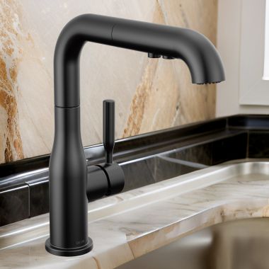 Click here to see Delta 16943-BL-DST Delta Almari Single Handle Pull-Out Kitchen Faucet, DIAMOND Seal, MagnaTite, 1.8 GPM, Matte Black - 16943-BL-DST