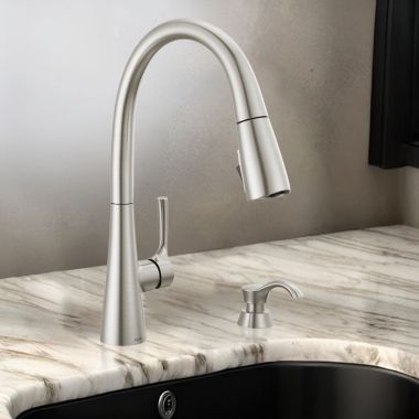Click here to see Delta 19835Z-SPSD-DST Delta Auburn Single Handle Pull-Down Kitchen Faucet with Soap Dispenser, ShieldSpray, MagnaTite Docking, ADA, 1.8 GPM, Spotshield Stainless - 19835Z-SPSD-DST