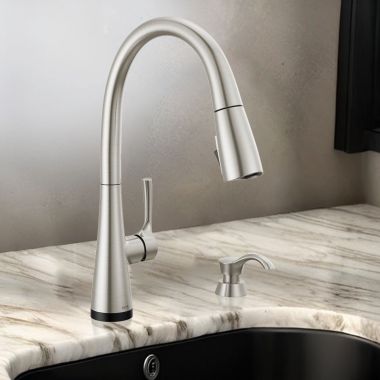 Click here to see Delta 19835TZ-SPSD-DST Delta Auburn Pull-Down Kitchen Faucet with Soap Dispenser, Single Handle, Diamond Seal, 1.8 GPM, Spotshield Stainless - 19835TZ-SPSD-DST