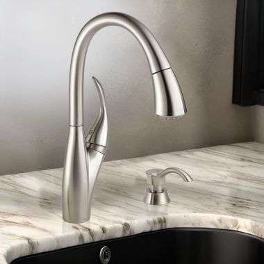 Click here to see Delta 19932Z-SPSD-DST Delta Berkley Pull-down Kitchen Faucet with Soap Dispenser, Single Handle, MagnaTite, ADA, Spotshield Stainless - 19932Z-SPSD-DST
