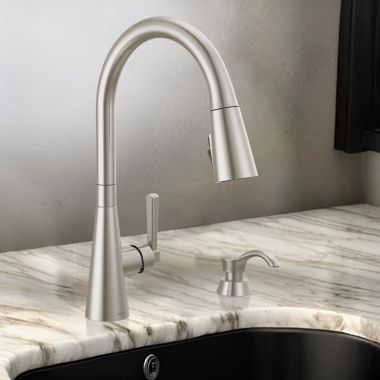 Click here to see Delta 19893Z-SPSD-DST Delta Boyd Pull-Down Kitchen Faucet with Soap Dispenser, ShieldSpray, Diamond Seal, 1.8 GPM, SpotShield Stainless - 19893Z-SPSD-DST