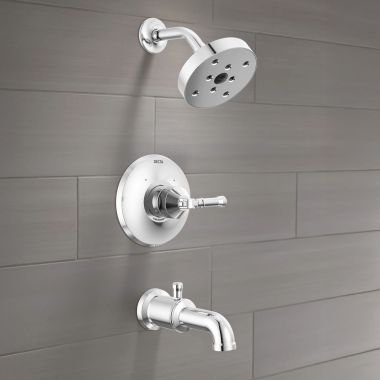Click here to see Delta T14484-PR-LHD Delta Broderick 14 Series Monitor Tub/Shower Trim, H2Okinetic, ADA, 1.75 GPM, Less Handles, Lumicoat Chrome - T14484-PR-LHD