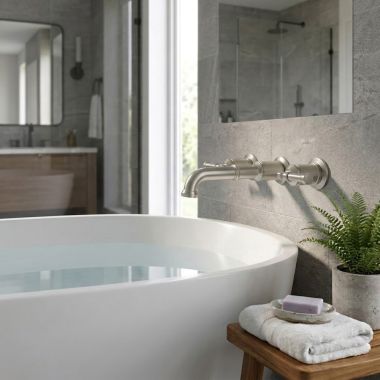 Click here to see Delta RP103727SSPR Delta Broderick Spout Assembly for T3584LF Two Handle Wall Mount Bathroom Faucet, Lumicoat Stainless - RP103727SSPR