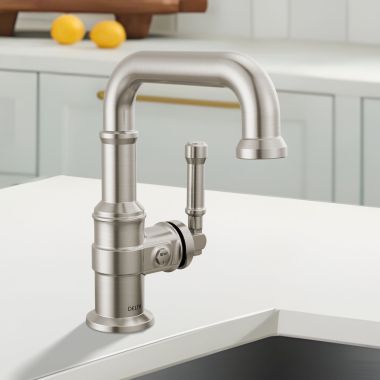Click here to see Delta 584SH-SS-PR-DST Delta Broderick Single Handle Bathroom Faucet, With Pop-Up, DIAMOND Seal, ADA, 1.2 GPM, Lumicoat Stainless - 584SH-SS-PR-DST